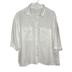 C&C California Women's White Linen 3/4 Sleeve Button-Up Shirt Size Large